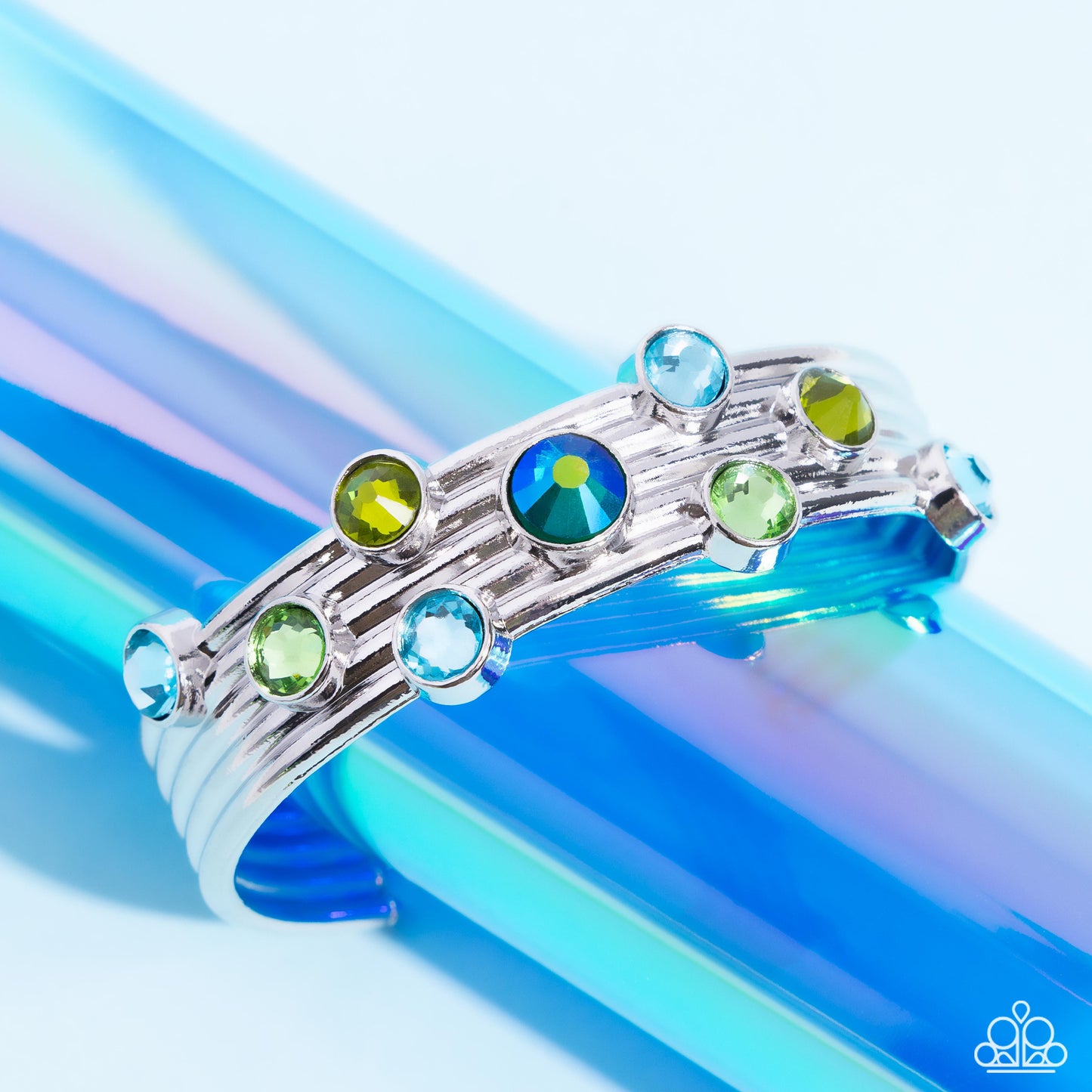 Majestic Medallions - Green & Blue Gems/Thick Silver Cuff Paparazzi Bracelet