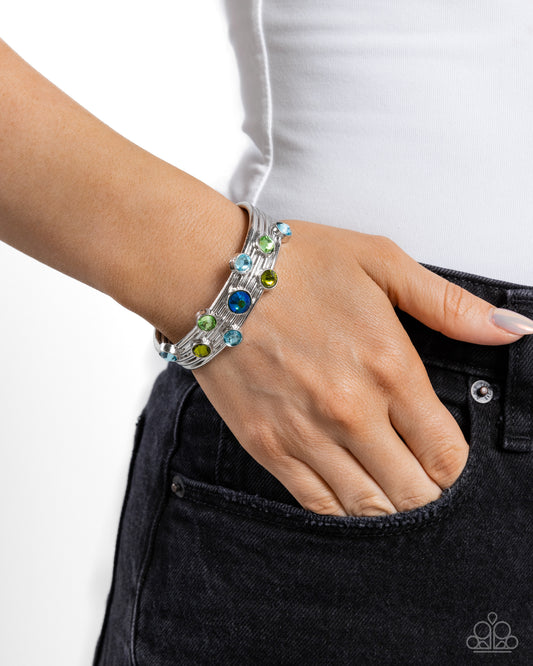 Majestic Medallions - Green & Blue Gems/Thick Silver Cuff Paparazzi Bracelet