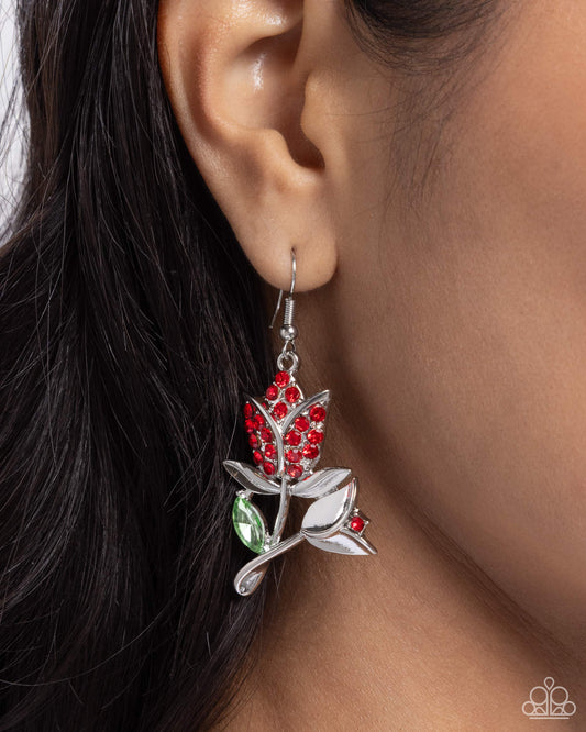 Tulip Tradition - Red Rhinestones & Green Gem Tulip Paparazzi Earrings