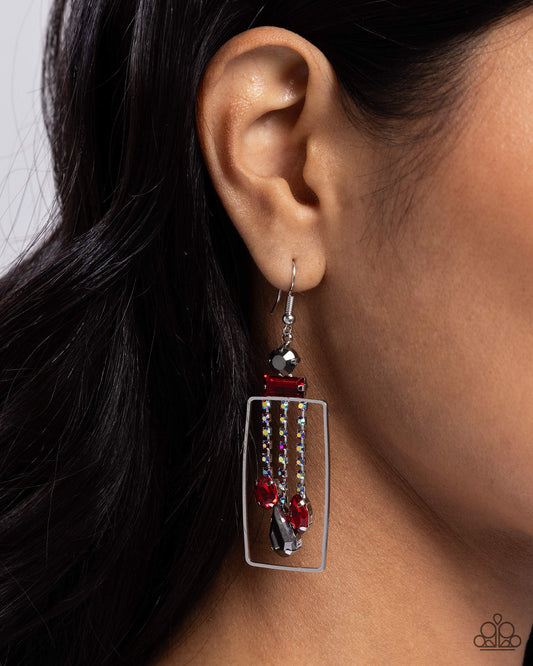 Framed Feature - Red Gems/Iridescent Rhinestones/Square Silver Wire Frame Paparazzi Earrings