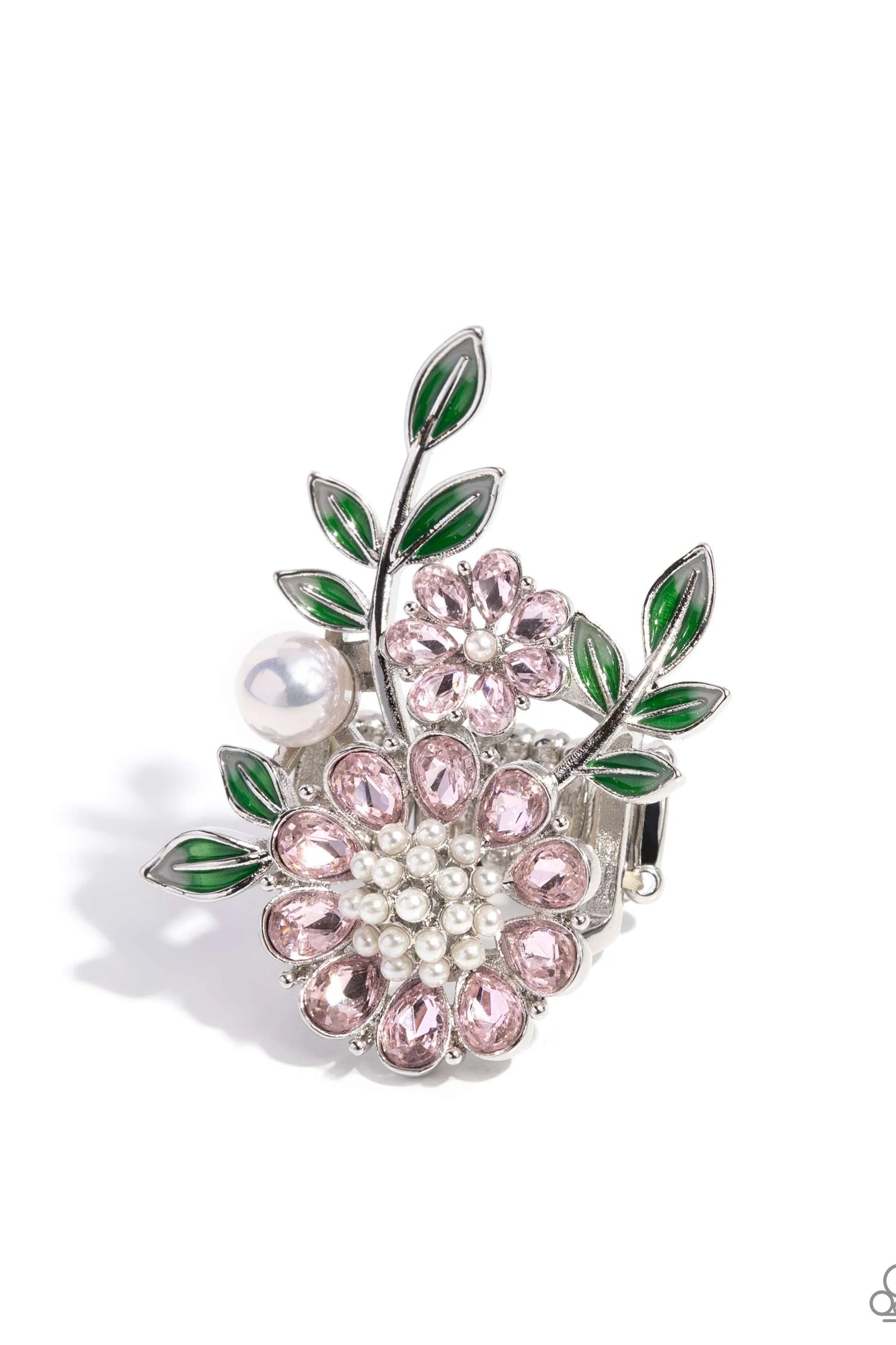 Budding Bling - Pink Flower and Leaf Paparazzi Ring - August 2024 Life of The Party