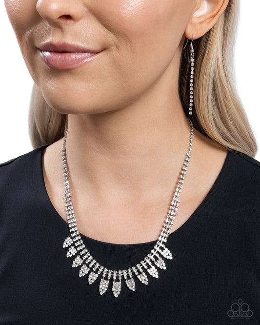 Piercing Passion - White Rhinestones/Spade-Like Frames Paparazzi Necklace & matching earrings