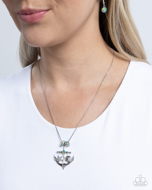 Anchored Accent - Green Iridescent Rhinestone/Silver Anchor Pendant Paparazzi Necklace & matching earrings