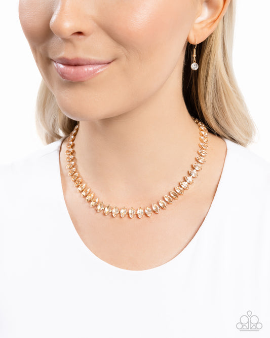 Glittery Genre - Gold Pronged Fittings/Marquise-Cut White Gems Paparazzi Necklace & matching earrings