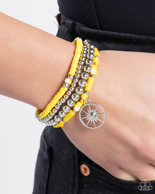 Nuanced Navigator - Yellow, Silver, & White Beeads/Silver Compass Paparazzi Stretch Bracelets