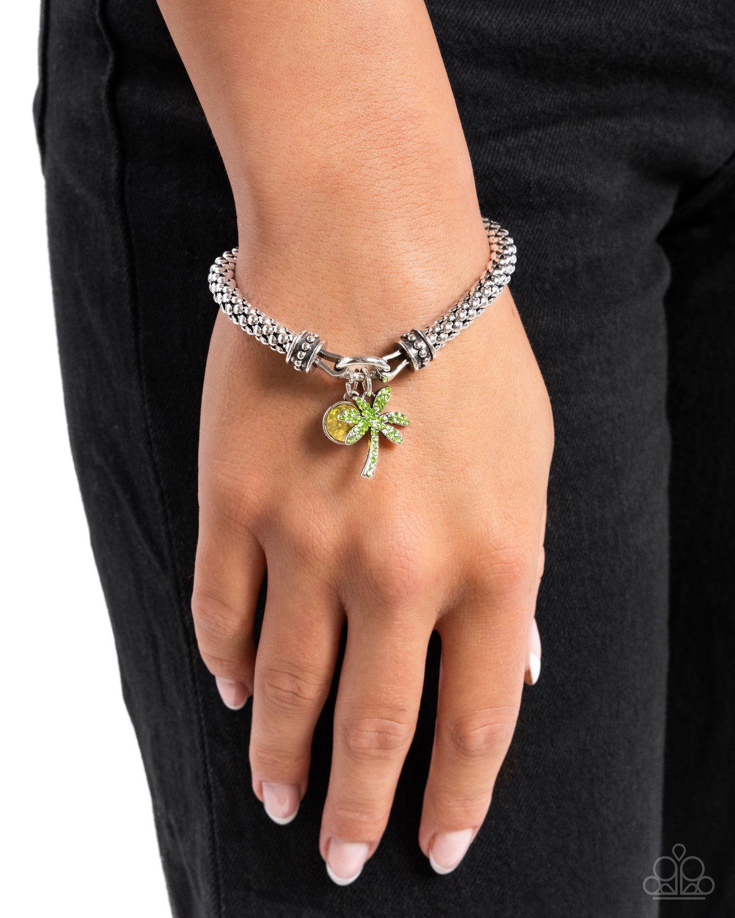 Palm Beach Bling - Green Rhinestone Palm Tree/Yellow Gem Pendant Paparazzi Stretch Bracelet