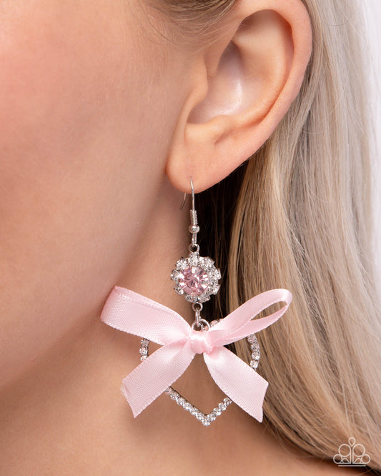 Kawaii Keepsake - Pink Ribbon, Pink Gem, & White Rhinestone Heart Paparazzi Earrings