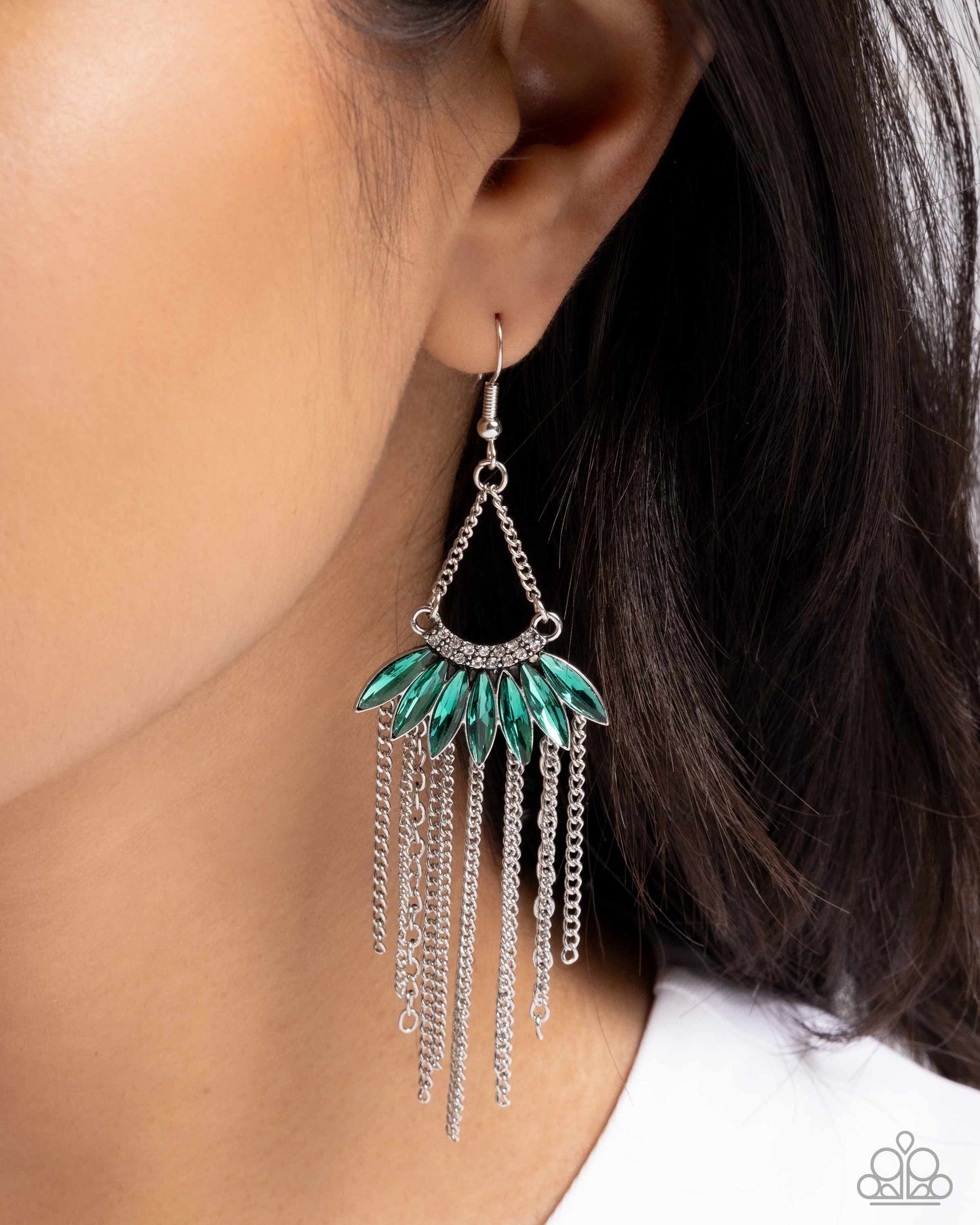 Fringe Feature - Green Gems/Silver Chain Fringe Paparazzi Earrings