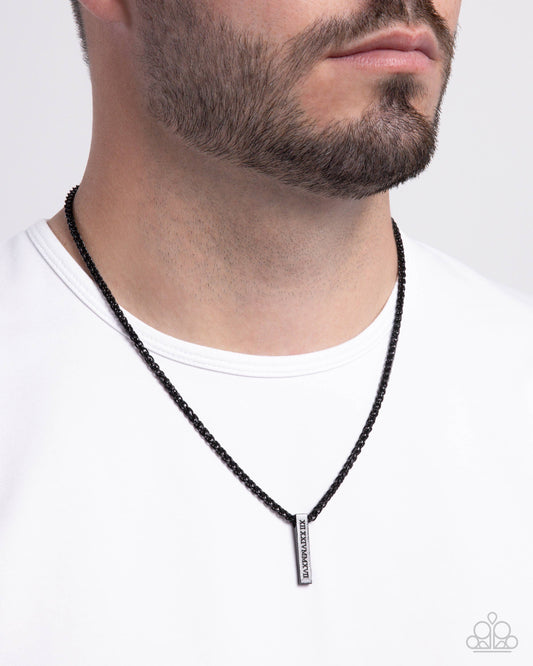 Roman Rebel - Black Stamped Roman Numeral Bar Pendant Paparazzi Necklace