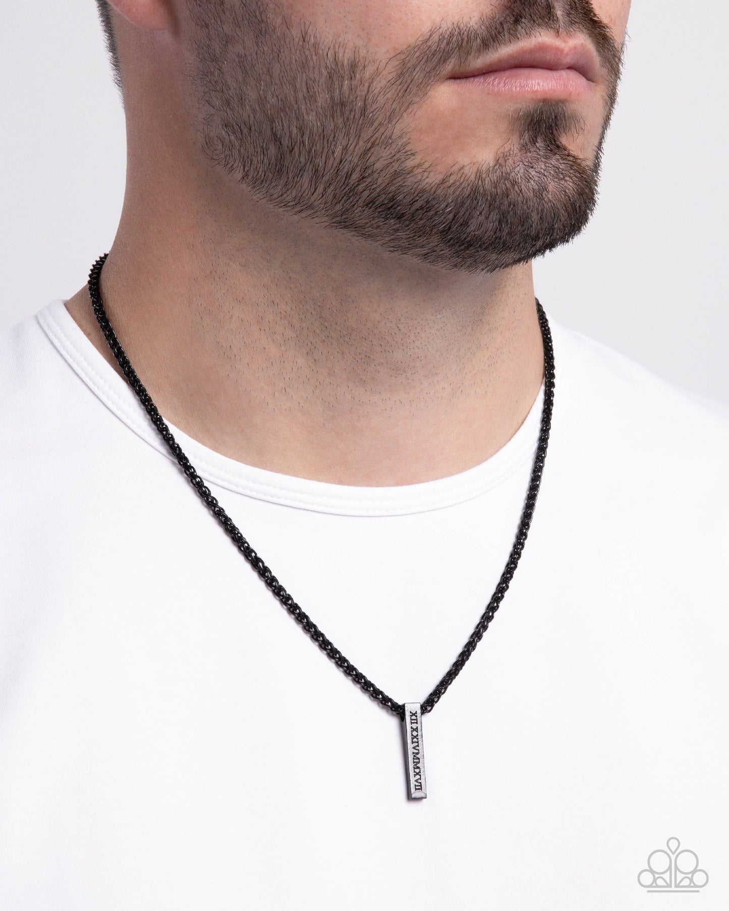Roman Rebel - Black Stamped Roman Numeral Bar Pendant Paparazzi Necklace