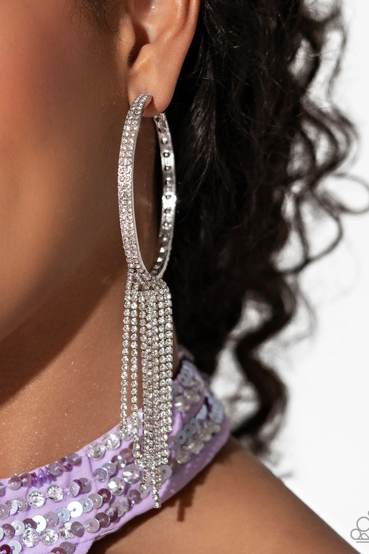 Jaw-Dropping Jubilee - White Rhinestone Tassel Paparazzi Hoop Earrings - September 2024 LOP