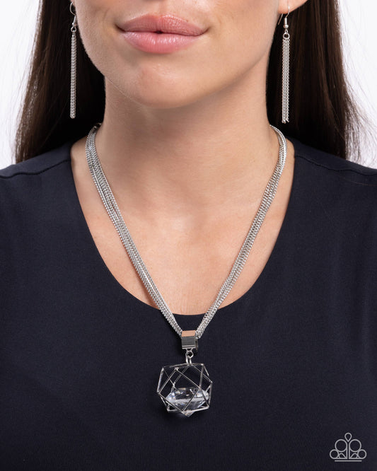 Eager Elegance - White Crystal-Like Gem/Hexagonal Silver Ball Pendant Paparazzi Necklace & matching earrings