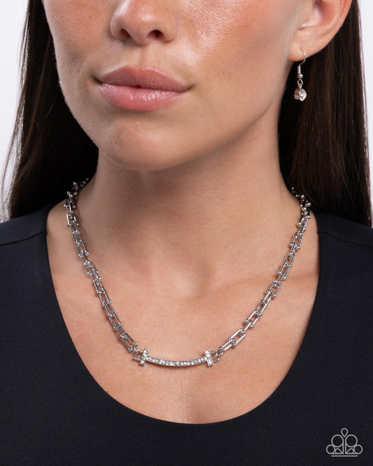 Anchored Actress - White Rhinestone Embellished Silver Bar Paparazzi Necklace & matching earrings