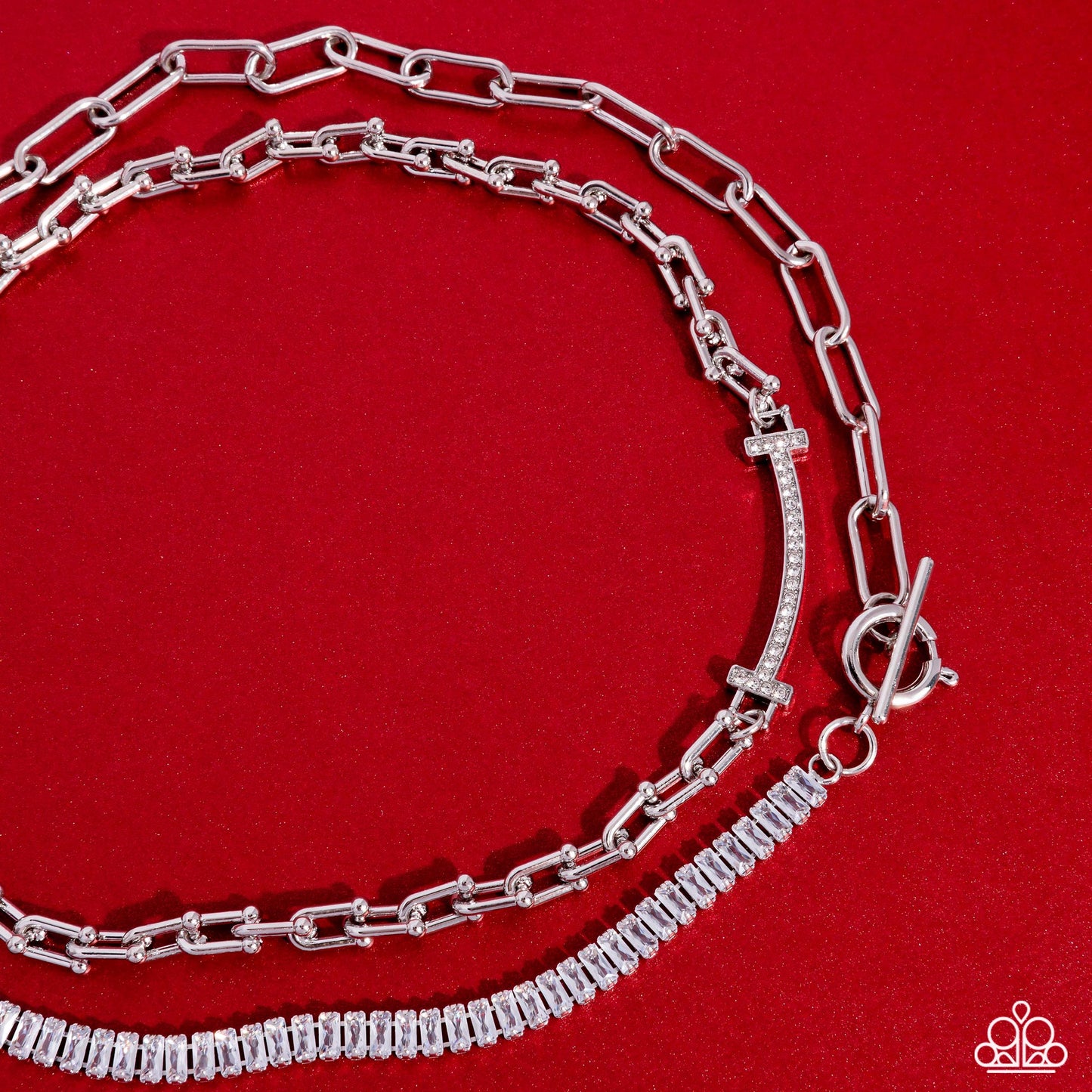 Anchored Actress - White Rhinestone Embellished Silver Bar Paparazzi Necklace & matching earrings