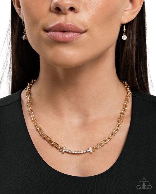 Anchored Actress - Gold Anchor Chain/White Rhinestone Embellished Bar Paparazzi Necklace & matching earrings