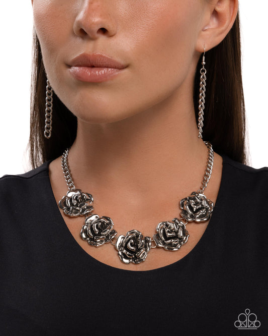 Refreshing Roses - Silver Rosette Paparazzi Necklace & matching earrings