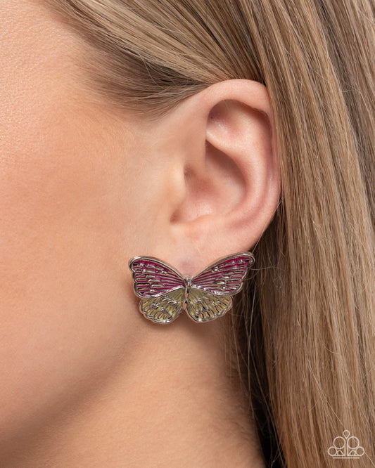 Aerial Appreciation - Pink & Yellow Painted Silver Textured Butterfly Paparazzi Earrings