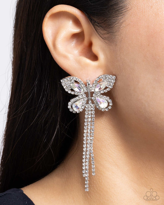 Next SOAR - White Rhinestone & Iridescent Gem Butterfly Paparazzi Earrings