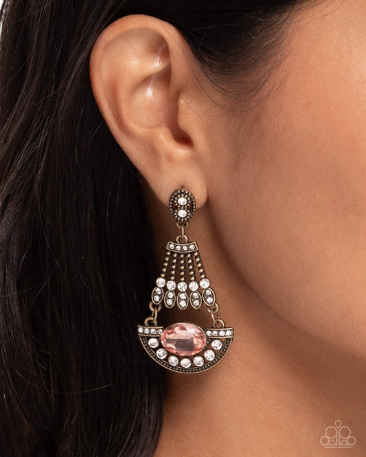 Complimentary Chandelier - Brass Pendant/White Rhinestones/Oval Peach Gem Paparazzi Earrings