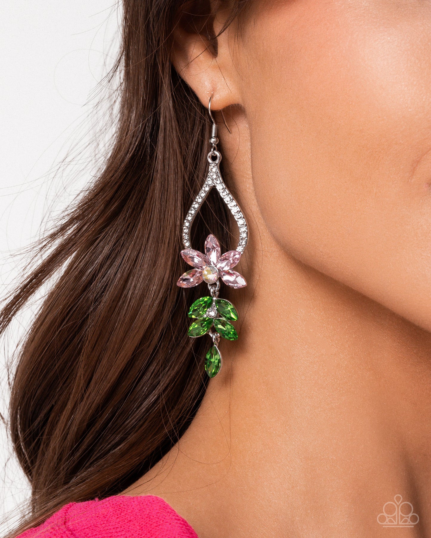 Floral Fuss - Pink/Iridescent Rhinestone Flowers & Green Gem Leaves Paparazzi Earrings