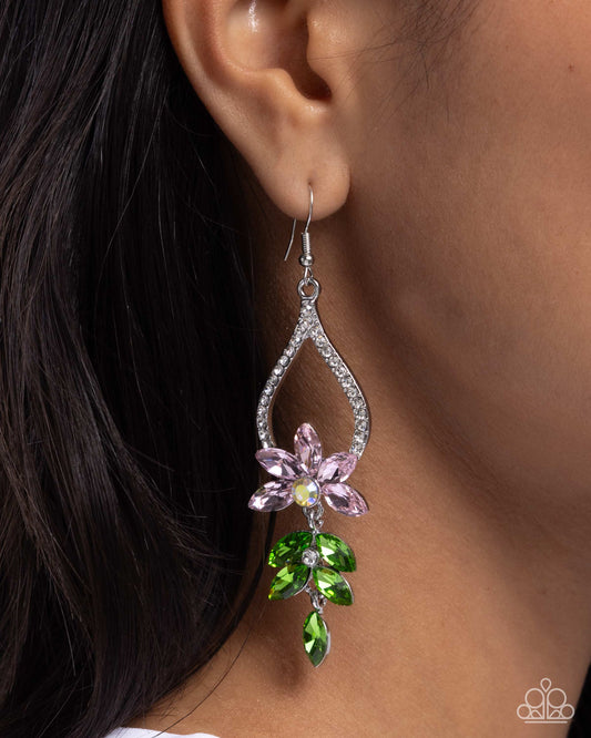 Floral Fuss - Pink/Iridescent Rhinestone Flowers & Green Gem Leaves Paparazzi Earrings