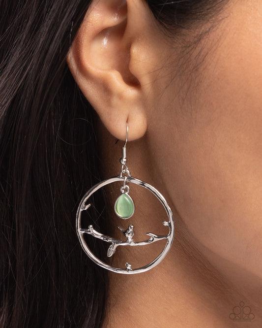 Picturesque Scene - Green Cat's Eye Stone & Silver 3D Bird Paparazzi Earrings