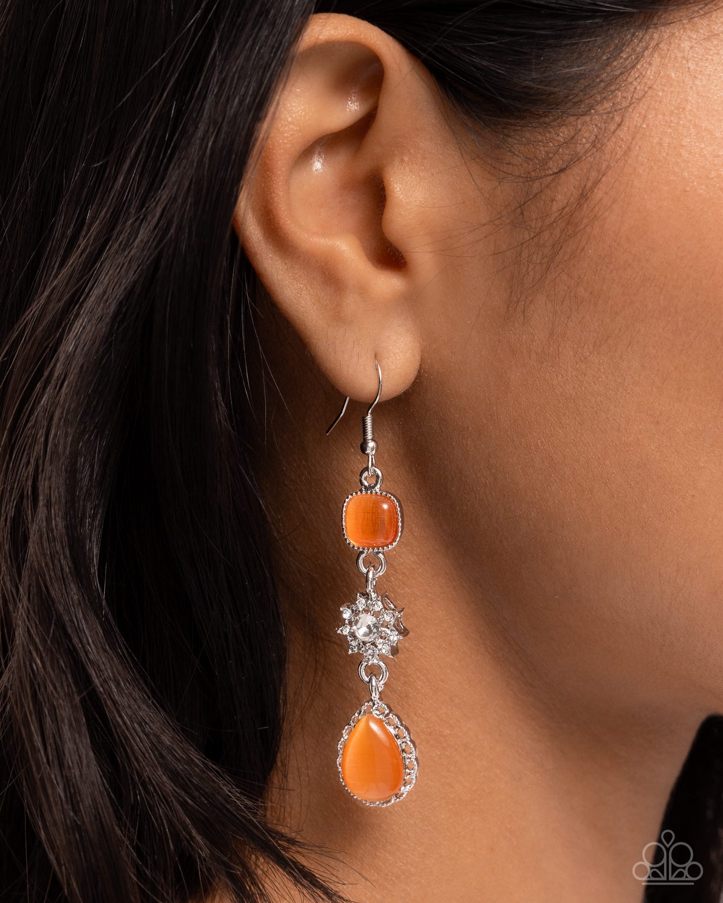 Feeling Fantastic - Orange Cat's Eye Stones/Silver & White Rhinestone Snowflake Paparazzi Earrings