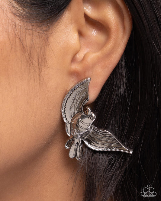 Bird of PLAY - Silver Oversized Antiqued Bird Paparazzi Post Earrings