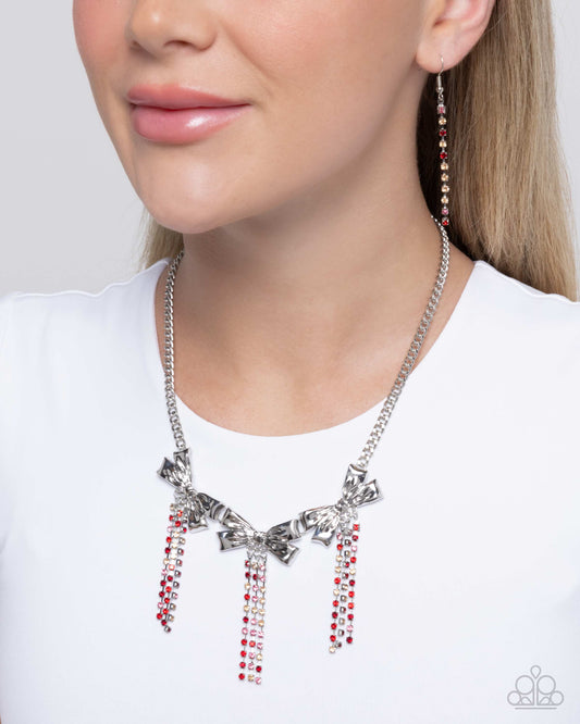 Victorian Influence - Red Rhinestone Tassels/Silver Bows Paparazzi Necklace & matching earrings