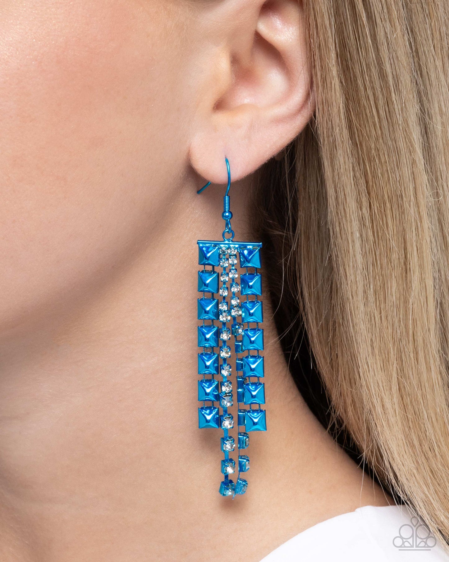 Forceful Fringe - Blue Metallic Frame Tassels/White Rhinestones Paparazzi Earrings