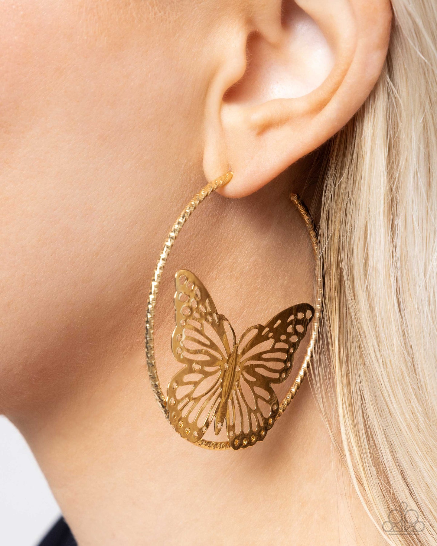 Aerial Alias - Gold Airy Oversized Butterfly Paparazzi Hoop Earrings