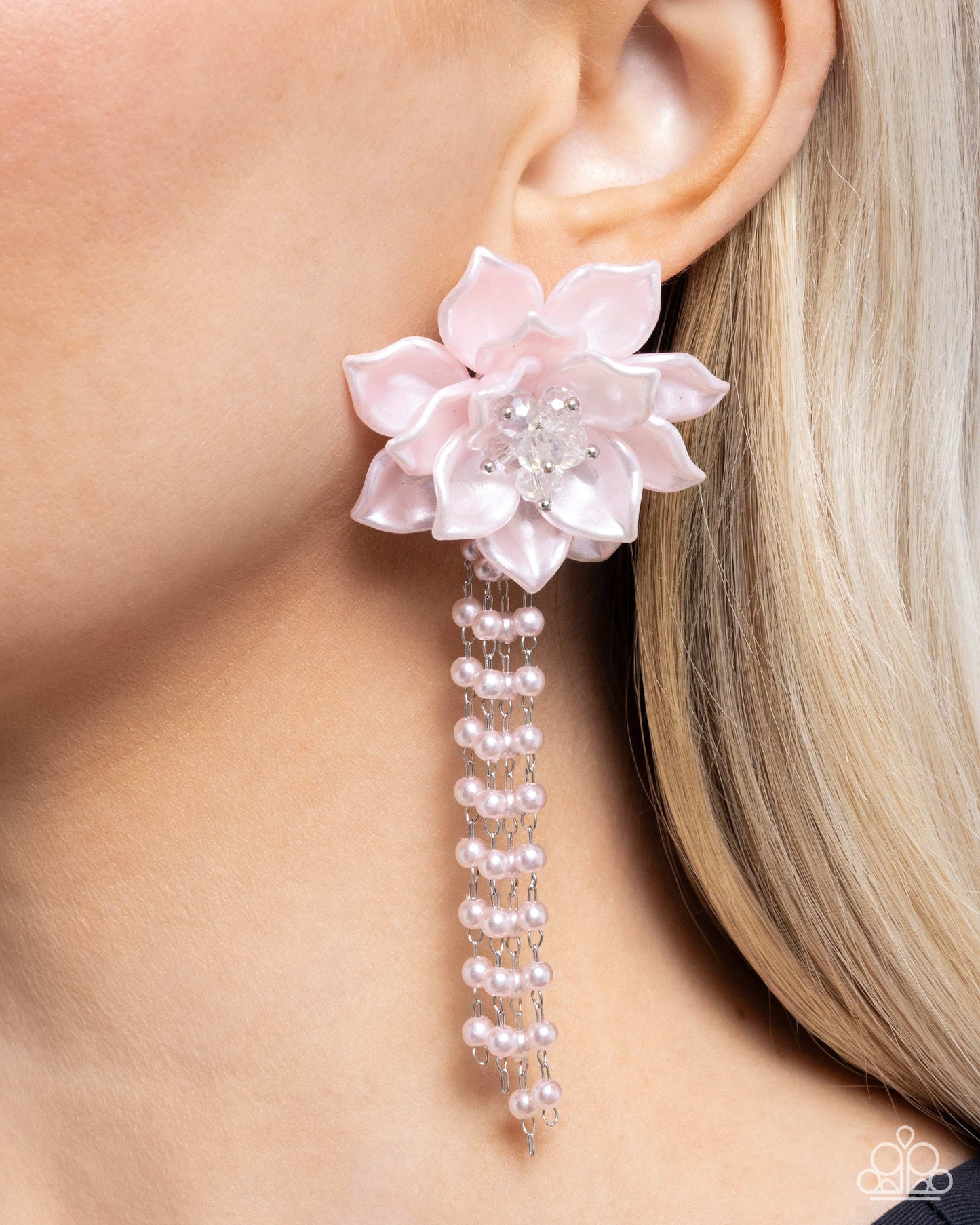 Lotus Length - Pink Pearlescent Flower & Pink Pearl Tassels Paparazzi Earrings