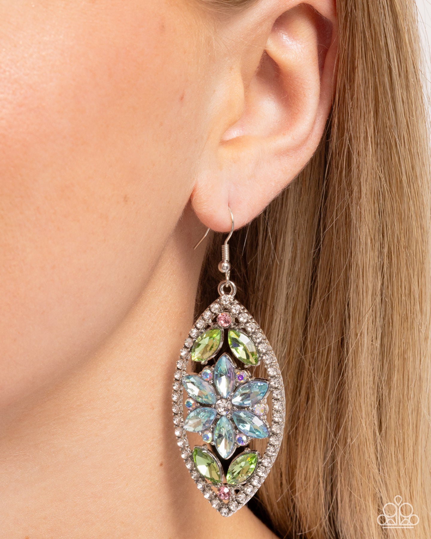 Gallant Garden - Blue Gem Flower, Green Gem Leaves, & Iridescent Rhinestones Paparazzi Earrings