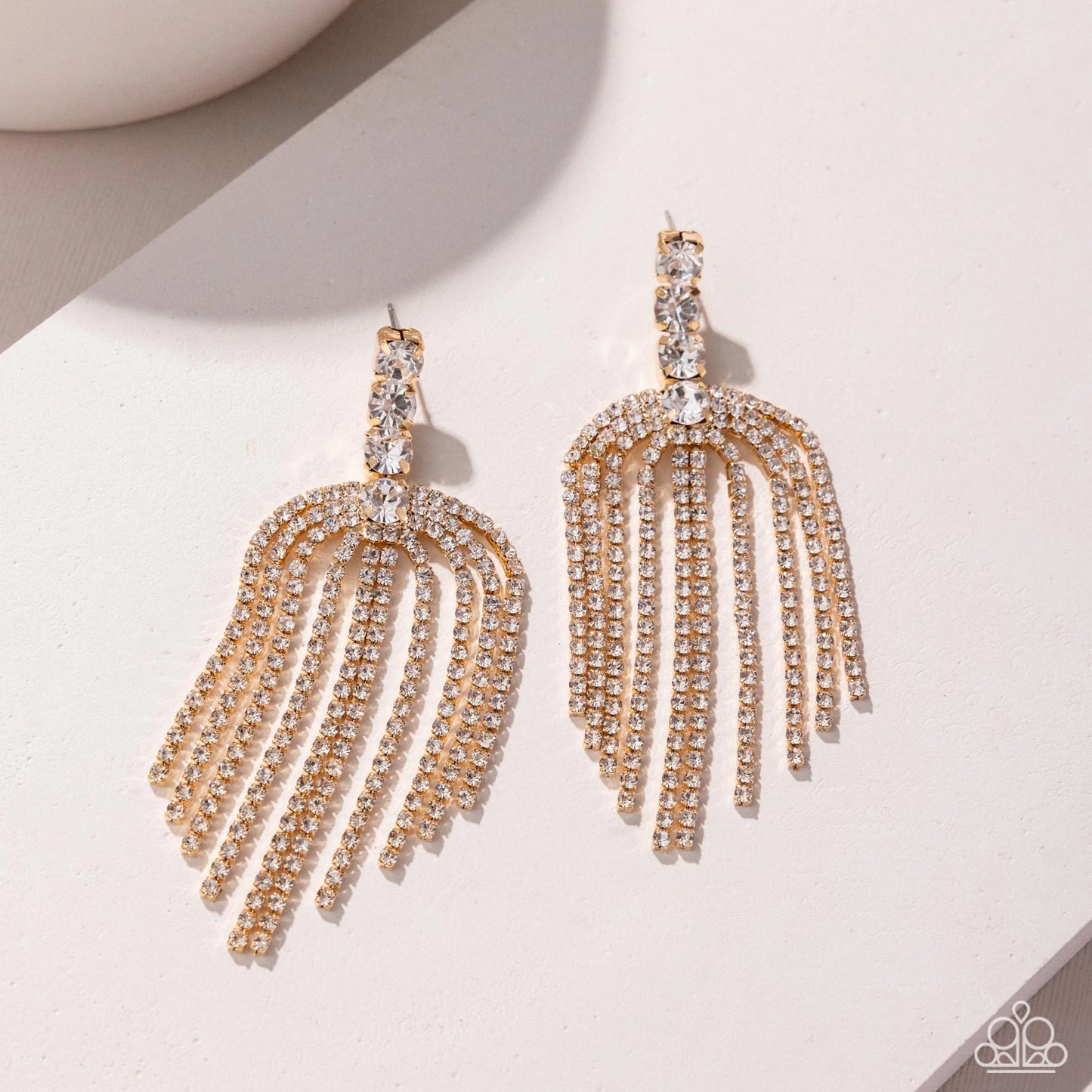Tapered Twilight - Gold Pronged Fittings & White Rhinestone Fringe Paparazzi Earrings