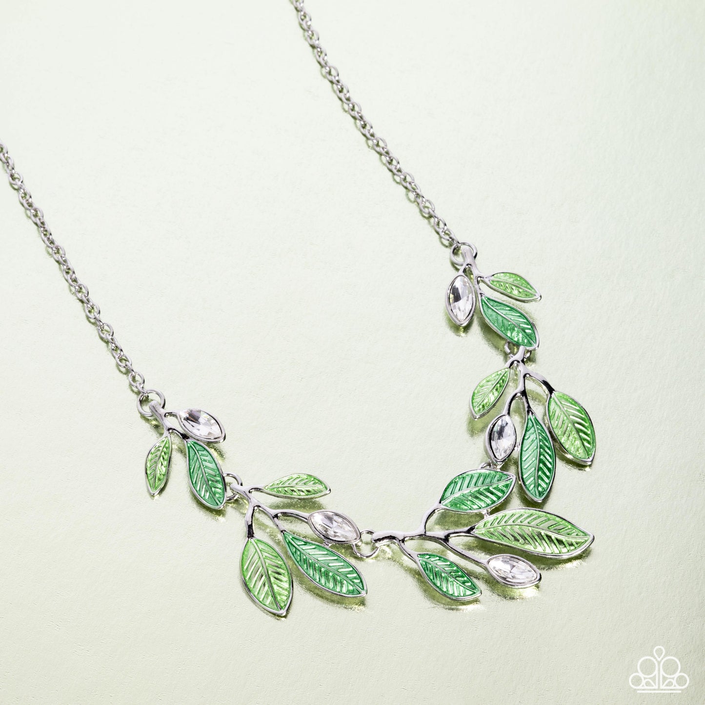 Lyrical Leaves - Green Leaves/Silver Branches/White Gems Paparazzi Necklace & matching earrings