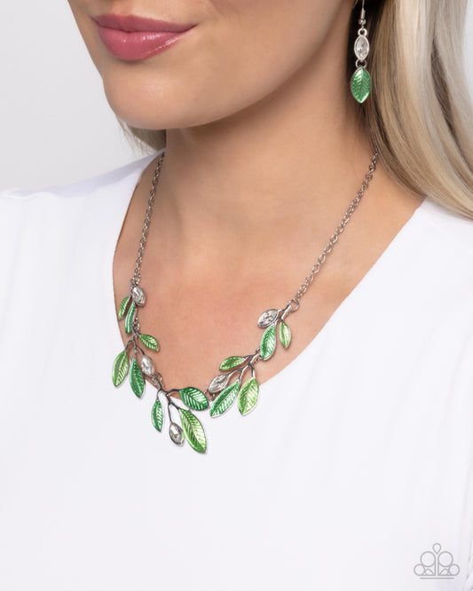Lyrical Leaves - Green Leaves/Silver Branches/White Gems Paparazzi Necklace & matching earrings