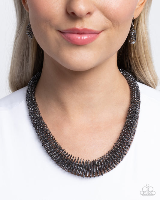 Trenchant Tribute - Gunmetal Woven Cap Fittings Paparazzi Necklace & matching earrings