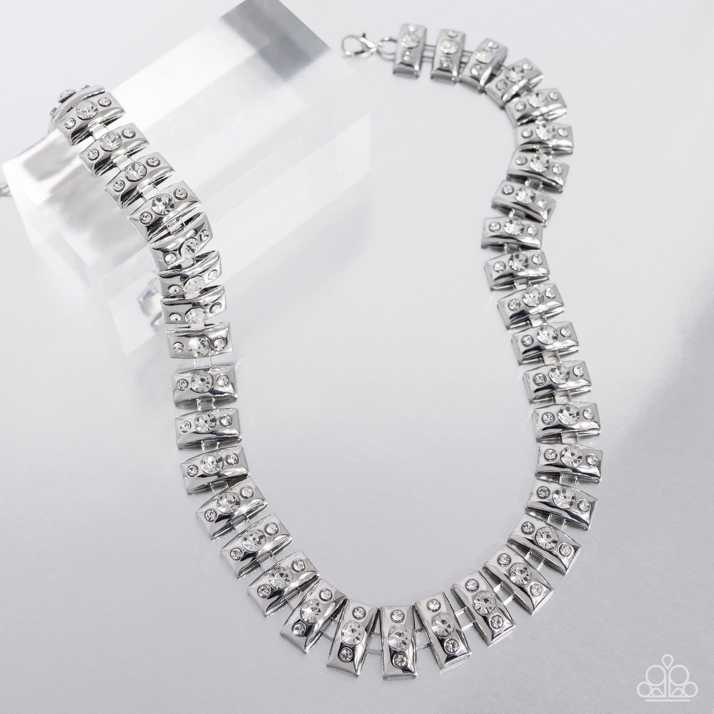 Officially Opulent - White Rhinestones/Curved Silver Plates Paparazzi Necklace & matching earrings