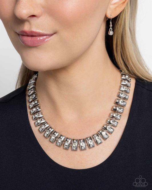 Officially Opulent - White Rhinestones/Curved Silver Plates Paparazzi Necklace & matching earrings