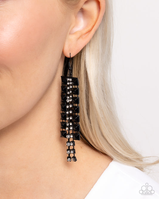Forceful Fringe - Black Squares & White Rhinestone Fringe Paparazzi Earrings