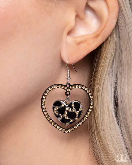 Leopard Love - Black Backdrop/Topaz Rhinestone Leopard Print Heart Paparazzi Earrings