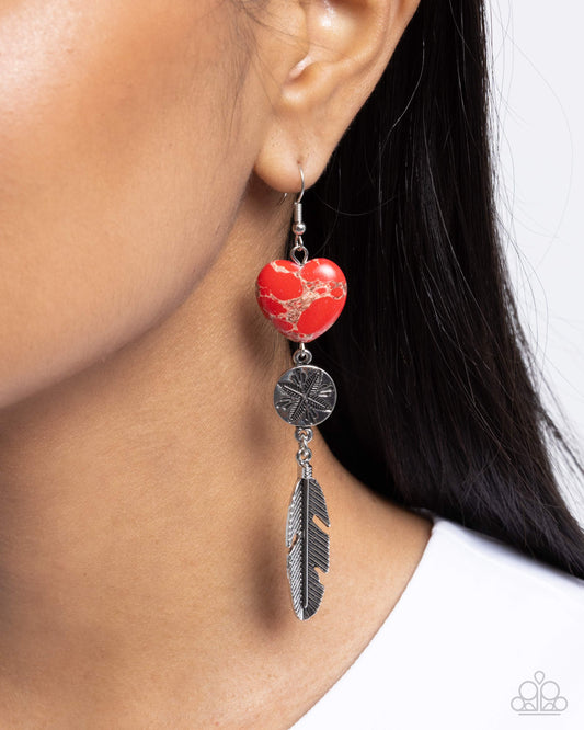 Free-Spirited Fame - Red Stone Heart & Silver Feather Paparazzi Earrings