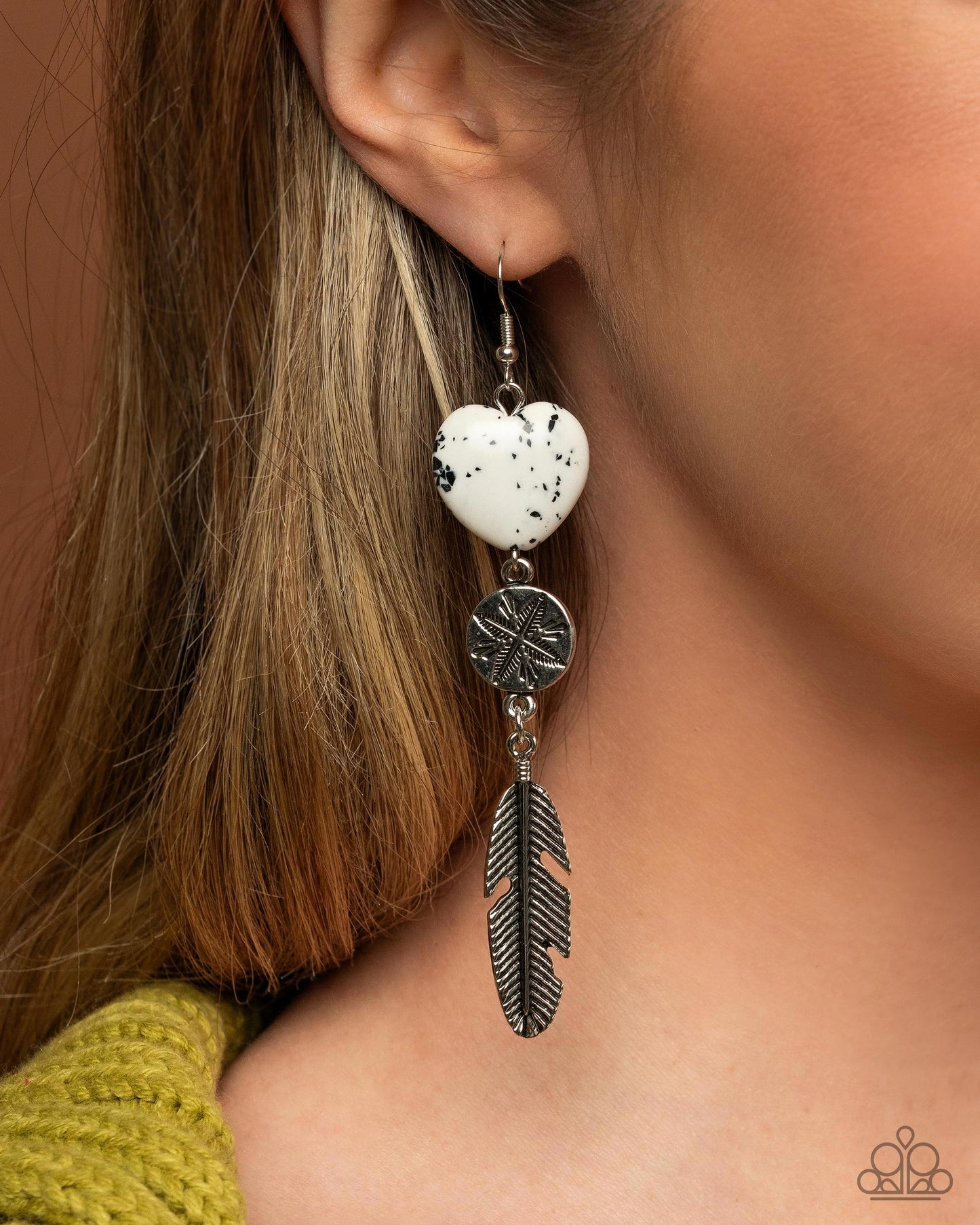 Free-Spirited Fame - White Heart Stone/Silver Feather Paparazzi Earrings