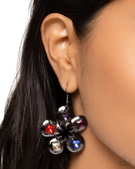 Circus Conservatory - Gunmetal Flowers/Multicolored Square Gems Paparazzi Earrings