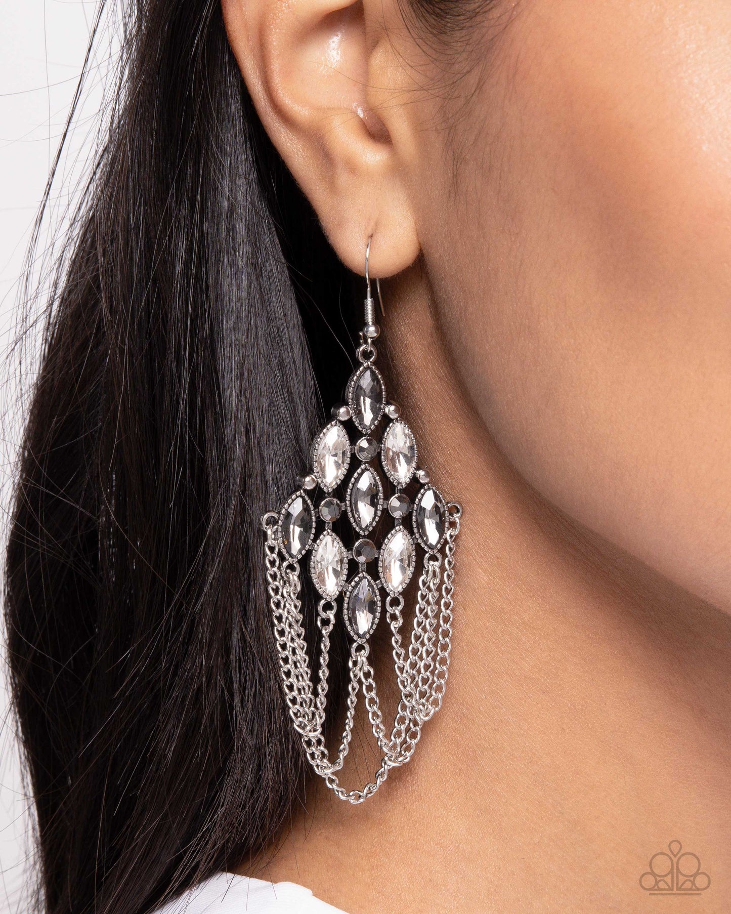 Trenchant Transformation - Silver Studded Accents, White & Smoky Gems, Silver Chains Paparazzi Earrings