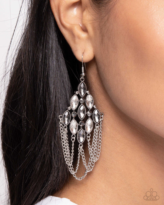 Trenchant Transformation - Silver Studded Accents, White & Smoky Gems, Silver Chains Paparazzi Earrings