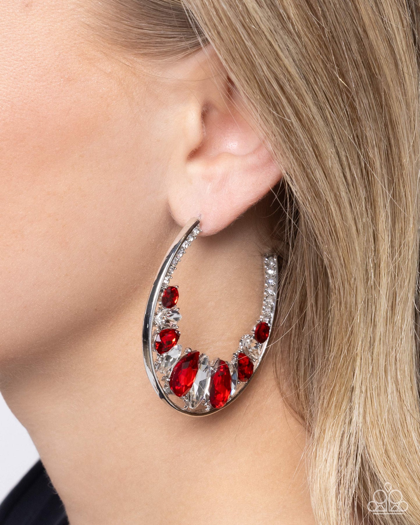 Refined Rewind - Red & White Gems/Silver Hoop Paparazzi Earrings