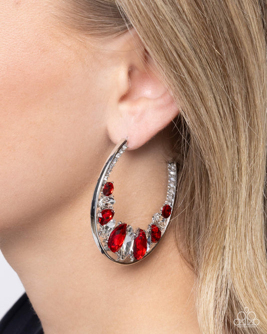 Refined Rewind - Red & White Gems/Silver Hoop Paparazzi Earrings