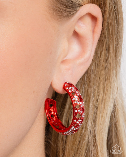 Stellar Significance - Red Starry Silhouette/White Rhinestones Paparazzi Hoop Earrings