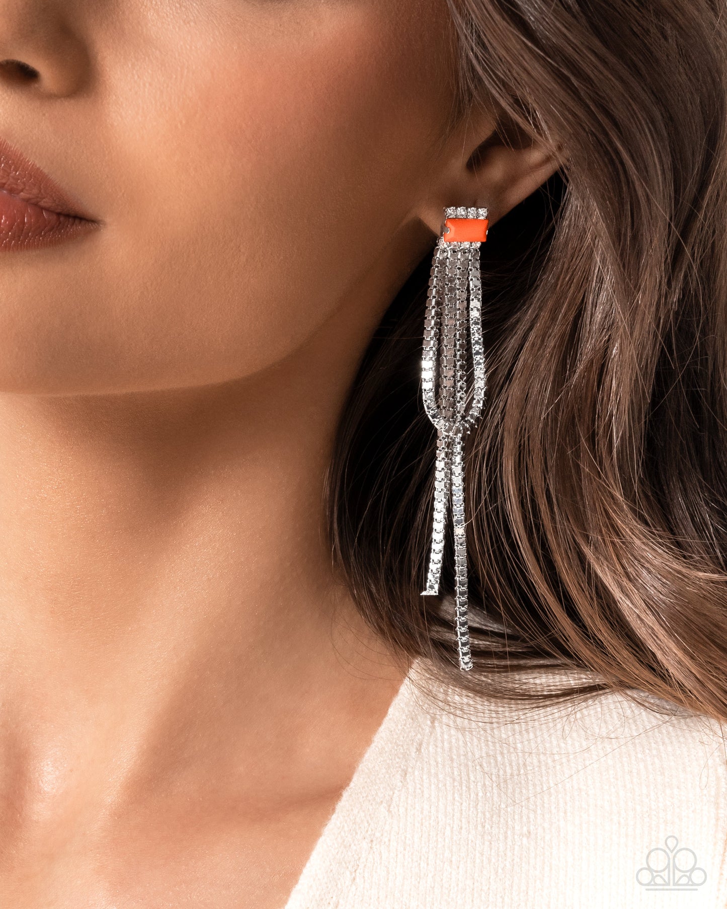 Classy Curves - Orange Emerald-Cut Acrylic & Silver Chain Fringe Paparazzi Earrings